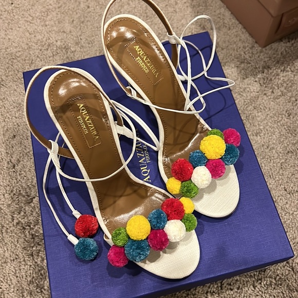 BNIB Aquazzura Pom Pom sandals multicolour white leather strap heels sandals - Picture 3 of 7